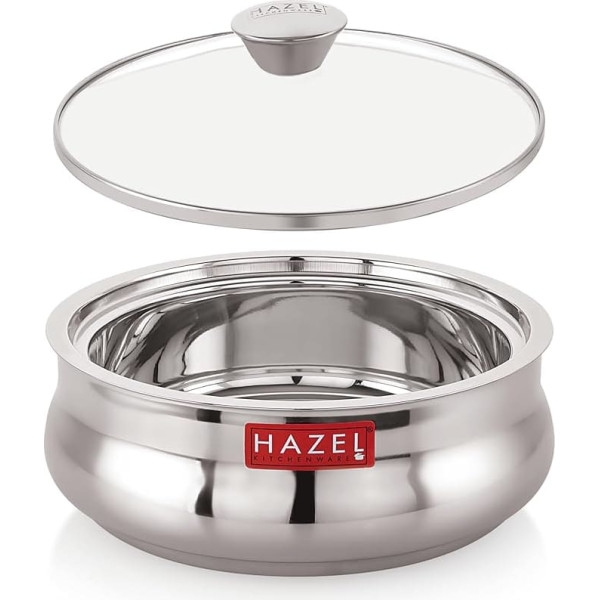 HAZEL Stainless Steel Sifter Saucepan with Clear Glass Lid Hot Case for Serving Food Steel Roti & Chapati Dabba for Serving 1.3L