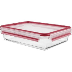 Tefal Master Seal Rectangle Glass Food Storage, Clear/Red, 3.0 Litre