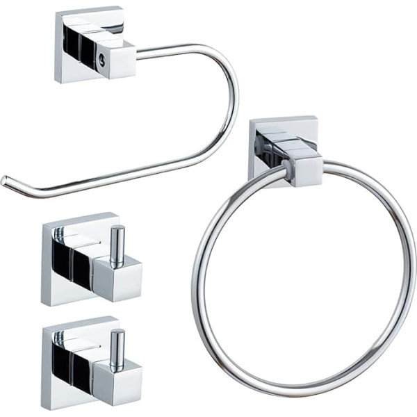 15-0402 Towel Holder for Bathroom Chrome Wall Mounted - Set of 4 Chrome Towel Holder Toilet Paper Holder 2 x Towel Hooks