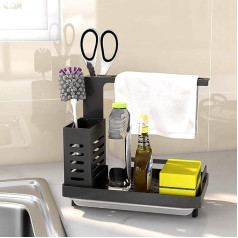 Sink Caddy Organiser Utensils Basket for Kitchen & Bathroom with Drain Pan, Adhesive and Worktop, Dual-Use Sponge Brush Soap Dish Holder, Stainless Steel (Black)