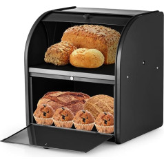 Metal Bread Box for Kitchen Countertop, Double Layer Roll Top Bread Storage Container, Food Storage, Bread Container for Home, Kitchen Counter, Black