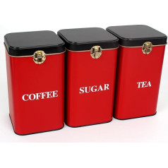 Tea Coffee Sugar Canisters Metal Storage Jars Set with Lid 800ml (Red-Black)