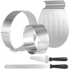 ZEONHEI Pack of 5 Cake Base Cutting Aid, 2 Cake Cutters Round Set with 1 Pastry Knife, 1 Cake Server Stainless Steel, 1 Cake Server, 15-20 cm/25-30 cm Cake Ring Adjustable, Cutting 7 Shelves