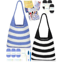Katech Crochet Set/Knitting Set for Striped Bag, Crochet Hook Set with Instructions & Video Tutorial, Crochet Accessories Cotton for Crocheting, Knitting Beginners Set, Crochet Set for Beginners (Blue
