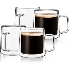 CNGLASS Double-Walled Latte Macchiato Glasses (Set of 4 x 300 ml), Coffee Glasses with Handle, Clear Insulated Coffee Cups Glass for Latte, Cappuccino, Tea Bags