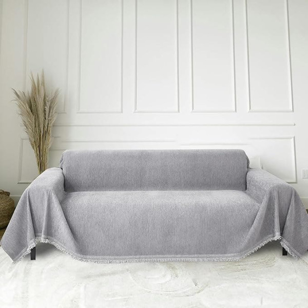 Sofa Slipcovers, Sofa Throw Blanket with Fringes, Chenille Sofa Blanket, Non-Slip Sofa Cover, Multifunctional Blanket, for Home, One Living Room Sofa, Office (Light Grey, 180 x 380 cm)