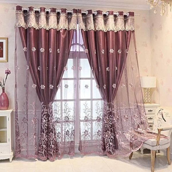 1 Pair European Double Layer Curtains for Living Room Bedroom Luxury Floral Embroidery Blackout Curtains with Valance (Purple, 66 x 90 Inch)