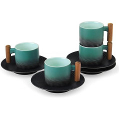 Coffee Cups and Saucers Set of 4 Blue Ceramic Coffee Cups with Wooden Handle Espresso Cup Set for Tea Latte Mocha Cafe