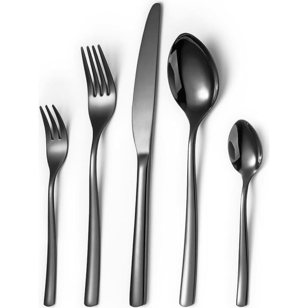 Black Cutlery Set for 6 People, 30 Pieces, High Quality Glossy Black, Stainless Steel Cutlery Set, Fork, Knife, Spoon Set, Highly Polished Mirror Surface, Dishwasher Safe