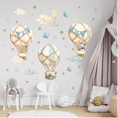 Wall Stickers for Children's Room - Wall Decoration, Wall Stickers - Animals in Balloons, Blue, Stars, Moon, Hot Air Balloons - Pack of 46