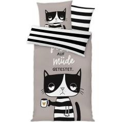 H:)PPY life Bed Linen with Tired Cat Motif | 135 cm x 200 cm | Pillow 80 cm x 80 cm | Cotton, Zip | Bed Linen Set | 47929, Grey