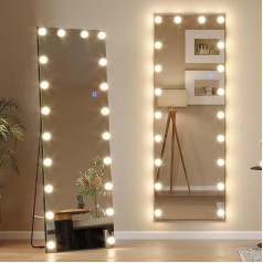 LVSOMT Full-Length Mirror with Hollywood LED, 155 x 50 cm, Standing Mirror with Lighting, Standing Mirror with 20 Bulbs, Large Wall Mirror, 3 Light Colours, Adjustable, Dimmable, Black