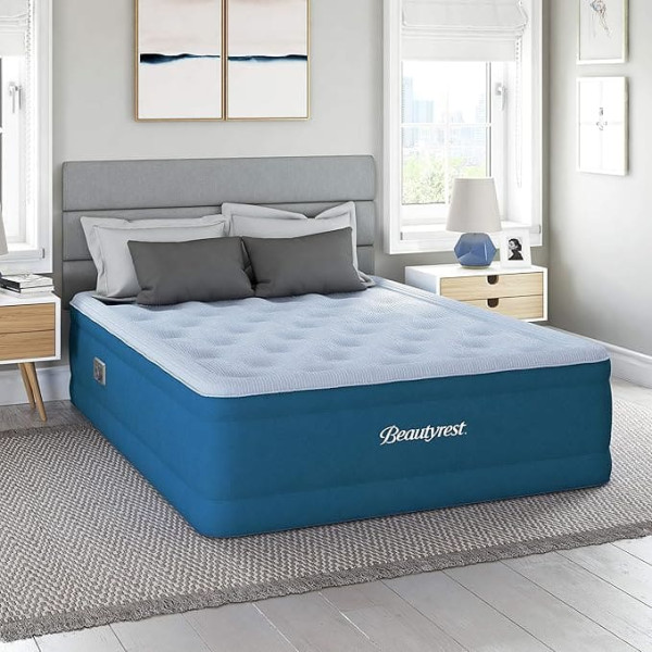 Simmons Beautyrest Comfort Plus Express Air Bed Internal Pump with Plush Velvet Pillow Air Mattress, 100% Leak Proof, with Sleep Fresh Technology, 17