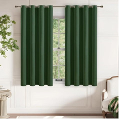 MRTREES Opaque Linen Look, Dark Green, 100% Blackout Curtain, Short Window with Eyelets, Set of 2, 160 cm Long, 132 cm Wide, Thermal Curtain, Cold Protection for Bedroom, Living Room