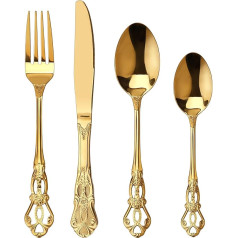 SHEIN Retro Gold Cutlery Set for 6 Persons, Beautiful 24-Piece Stainless Steel Tableware, Service for 6 People, Utensil Set, Fork, Spoon, Knife, Antique Baroque Cutlery Set