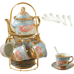 Pack of 20 Ceramic Tea Service for 6 People, European Porcelain Tea Service with Metal Stand, 160 ml Ceramic Teapot Teaset in the Afternoon, 700 ml Teapot, Vintage Teaset for Women, Wedding, Party