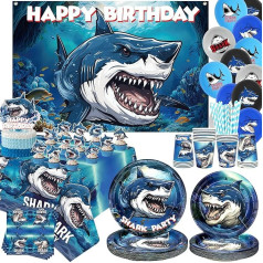 Decoration Pack Shark Birthday Party Decoration - Shark Party Favors, Plates Cups Napkins Tablecloth Happy Birthday Backdrop Balloons Arch Cake Toppers for Boys Ocean Shark Theme Party Supplies