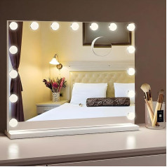 Hollywood Mirror with LED Lighting - Makeup Mirror White 58 x 46 cm with 15 Dimmable Lamps, 3 Light Modes (Warm, Cold, Neutral), Touchscreen & 10 x Magnifying Mirror