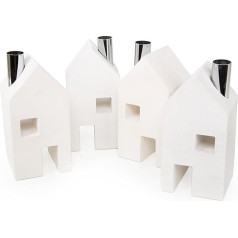 Logbuch-Verlag 4 Taper Candle Holders Houses Advent Wreath Made of Cement White Silver Candle Holder for Taper Candles Decoration House 18 cm