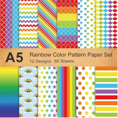 Rainbow Coloured Paper Set, 60 Sheets A5 Double-Sided Craft Paper, Origami Paper, Clay Paper, Decorative Paper for Gift Decoration, Greeting Cards, Gay Pride Cards, Scrapbooking (12 Styles)