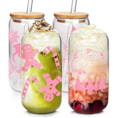 ANOTION Useful White Elephant Gifts for Adults, 18 Ounce, Christmas Mugs, Coffee Mugs, Mugs, Glass Cups with Lids and Straws, Pink Christmas Tree, Gingerbread Gifts for Women,