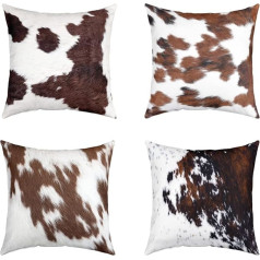 Set of 4 Cushion Covers, Cowhide Decorative Cushion Covers, 45 x 45 cm, Farmhouse Cowhide Leather, Square Cushion Cover, Sofa Cushion, Couch Cushion, Bedroom, Western, Farm, Animal, Skin, Brown