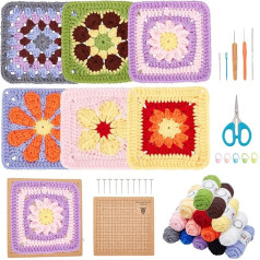 6 in 1 Crochet Set for Beginners, DIY Daisy Granny Square Starter Crochet Set with Crochet Blocking Mat for Adults with Step by Step Video Instructions (English language not guaranteed)