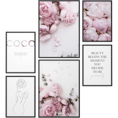 Papierschmiede® Mood Poster Set Coco Peony, Pictures Living Room Decoration Bedroom, 2 x DIN A4 and 4 x DIN A5, Pink Peonies Eucalyptus Floral - without Frame