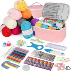Aeeque 82 Pieces Complete Crochet Sets for Children, Beginners, 12 Acrylic Wool Crochet Set, Pink Crochet Set with Ergonomic Rubber Crochet Hooks and Metal Crochet Hooks Set, Crochet Set for Blankets,