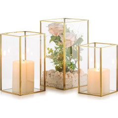 NUPTIO Lantern Glass Lantern Decoration: Gold Candle Holder Metal Set of 3 Large Candle Holders Wedding Table Decoration Pillar Candles Decorative Lantern Set Outdoor Christmas Living Room Table Top