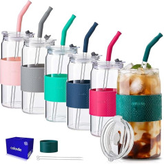 ColoVie Mixed Tumblers in 6 Colours, Thick Reusable Glass Cups with Lids and Straws, Removable Silicone Sleeve for Hot or Iced Drinks, Unique Colorful Glass Cups
