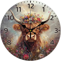 CHGCRAFT Highlands Cows Hanging Clock 12 Inch Wooden Hanging Clock Flowers No Tick-Tick Battery Decorated with Electricity Round Clock Family Kitchen Living Room Office