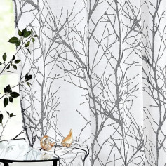 White Black Semi-Sheer Curtains Eyelet for Kids Bedroom Tree Branch Printed Linen Textured Voile Curtain Panels for Living Room Privacy & Light Filtering Pattern Window Drapes 52 x 54 Inch 2 Pieces
