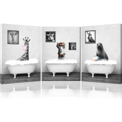 Piy Painting Animal Canvas Painting, Black White Canvas Photo, Giraffe in the Bathtub Canvas Wall Pictures, Large Canvas Print for Bedroom, Bathroom, Pack of 3, 58 x 40 cm (174 x 40 cm)