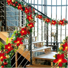 Poinsettia Christmas Wreath, Artificial Christmas Wreaths, Christmas Decoration, with Battery Operated LED Lights, Indoor and Outdoor Use, American Party Decoration (3 m + 20 Lights)