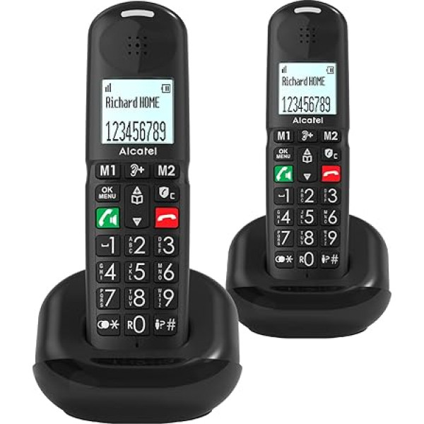 ALCATEL XL685 Duo - Cordless Landline Phone DECT for Seniors in XL Format - High Resolution Graphic Display - Large Buttons - Audio Boost - Speaker - Call Blocking - 2 Handsets - Black