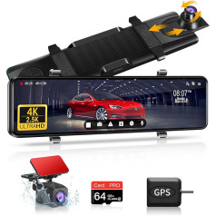 4K + 2.5K Dashcam Car Mirror Dash Cam with Rear View Camera 12 Inch Mirror Dash Cam Car Front Rear Car Camera with GPS and 64G SD Card WDR Loop Recording G-Sensor
