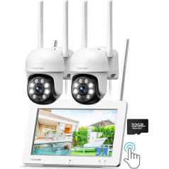 Surveillance Camera Set with Monitor Outdoor WiFi, 3MP 7 Inch Touch NVR Screen with 32GB Card, 360° PTZ Colour Night Vision, 24/7 Recording, Motion Detection, App Alarm 2-Way Conversation