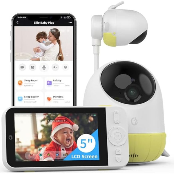Ellie Baby Monitor with Camera 5 Inches, Video Baby Monitor without WiFi with Camera and Audio, 2-Way Talk, 2.5K HD, Face Mask Alarm, Breath Detection, Shoot Detection, Virtual Fence, PTZ