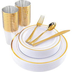LATERN Pack of 150 Reusable Gold Plastic Tableware, 25 Pieces Dinner Plates, 25 Pieces Salad Plates, 25 Pieces Knives, 25 Pieces Forks, 25 Pieces Spoons, 25 Pieces Cups for Wedding Anniversary Party
