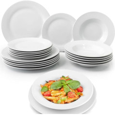 18 Piece Porcelain Dinner Set for 6 People - Set of 6 Flat Plates, 6 Deep Plates, 6 Dessert and Fruits, Modern Design (White)