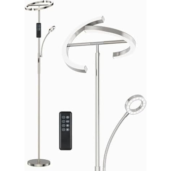 Dimmable LED Floor Lamp, Silver Floor Lamp, 20 W with Flexible 7 W Reading Lamp, Modern Ceiling Floodlight with Remote Control with 4 Colour Temperatures for Living Room, Bedroom, Office