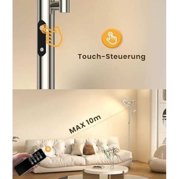 Dimmable LED Floor Lamp, Silver Floor Lamp, 20 W with Flexible 7 W Reading Lamp, Modern Ceiling Floodlight with Remote Control with 4 Colour Temperatures for Living Room, Bedroom, Office