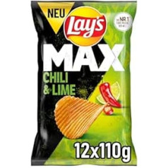 Lay's Max Lay's Max Chili & Lime - Extra Crispy Ribbed Chips with Spicy Chilli & Lime Flavour (12 x 110g)