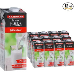 Naarmann Milk Lactose-free H-Milk 1.5% Fat Durable Milk, 1 Litre Each, Pack of 12 + pufai