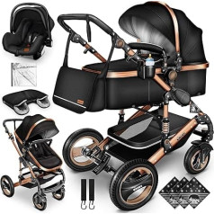 3-in-1 XXL Complete Pram Set incl. Baby Carrycot, Buggy, Sports Seat & Car Seat, Footmuff, Solid Rubber Tyres, Changing Bag, Hand Warmer, Rain Cover, Children's Tray, ECE R129