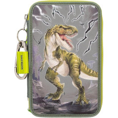 Depesche 11758 Dino World Reflector - Filled 3-Compartment Pencil Case in Green/Grey with Dino Motif and Flashing, Reflective Pencil Case with Colouring Pencils, Ruler, Scissors and Much More