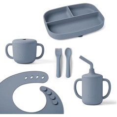 Ergobaby Deluxe Children's Crockery Set for Babies and Toddlers from 6 Months, Baby Crockery Set with 2 Cups, Tray, Bib and Cutlery, BPA-Free, PVC and Phthalates, Soft Blue