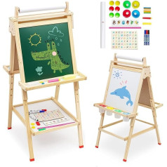 Children's Easel 3-in-1 Children's Wooden Play Board with Paper Roll Double-Sided Board and Whiteboard Height Adjustable Standing Board Children's Board with Storage Compartment Letters Numbers and