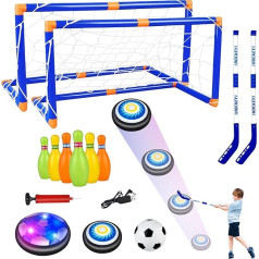 deAO Air Hockey Football Toy, 4-in-1 Rechargeable Hover Hockey Football Set with 2 Football Goals, 2 Hockey Sticks, 6 Bowling Balls, 2 LED Air Power Football, Gifts for Christmas, Birthday